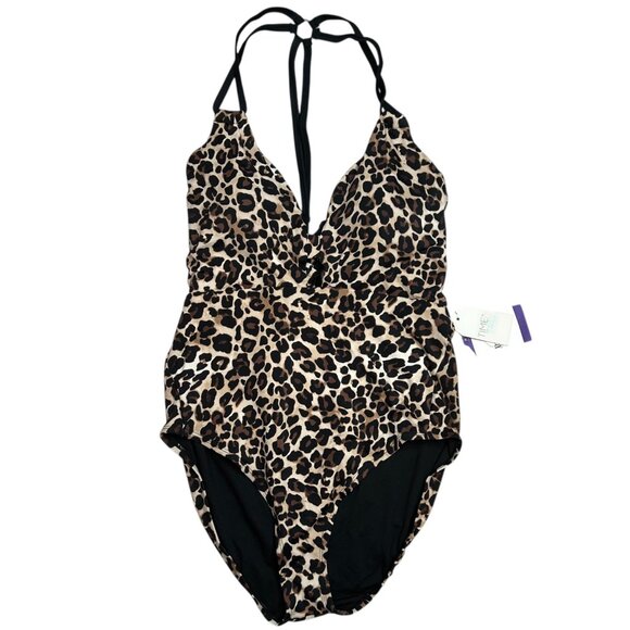 NWT Time And Tru Womens XL Leopard Print One Piece Halter Swimsuit Open Back - Picture 1 of 16